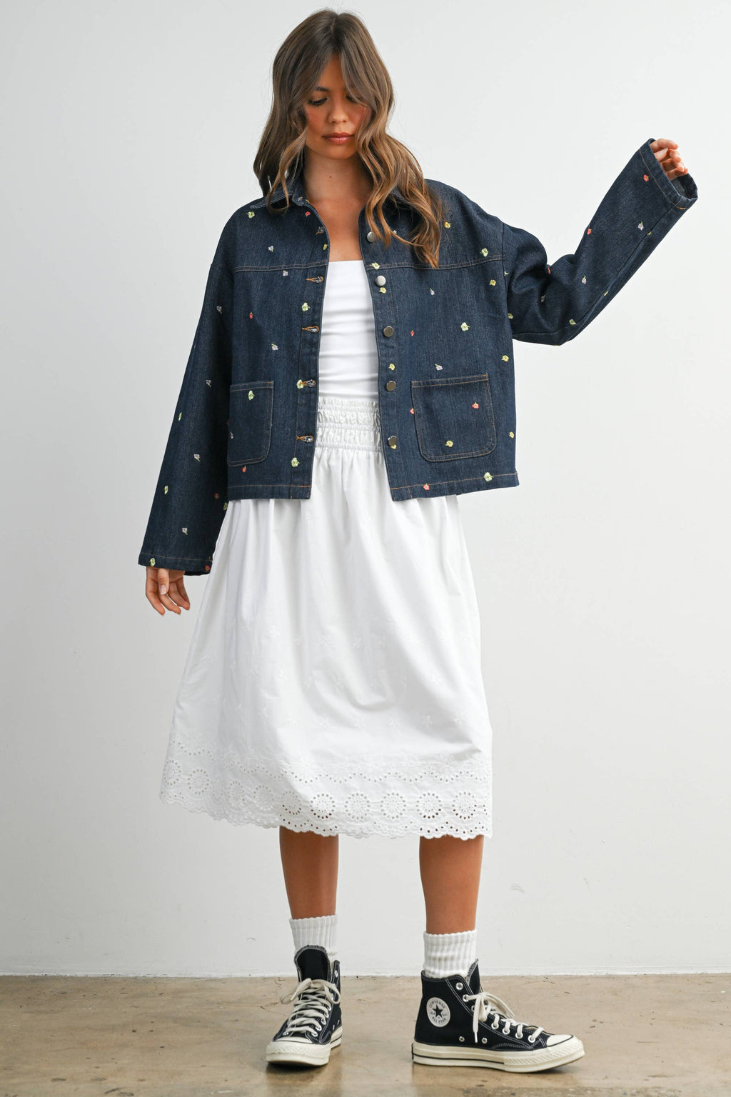 Elastic Waist Lace-Trim Midi Skirt - BMS7954: BLACK / M