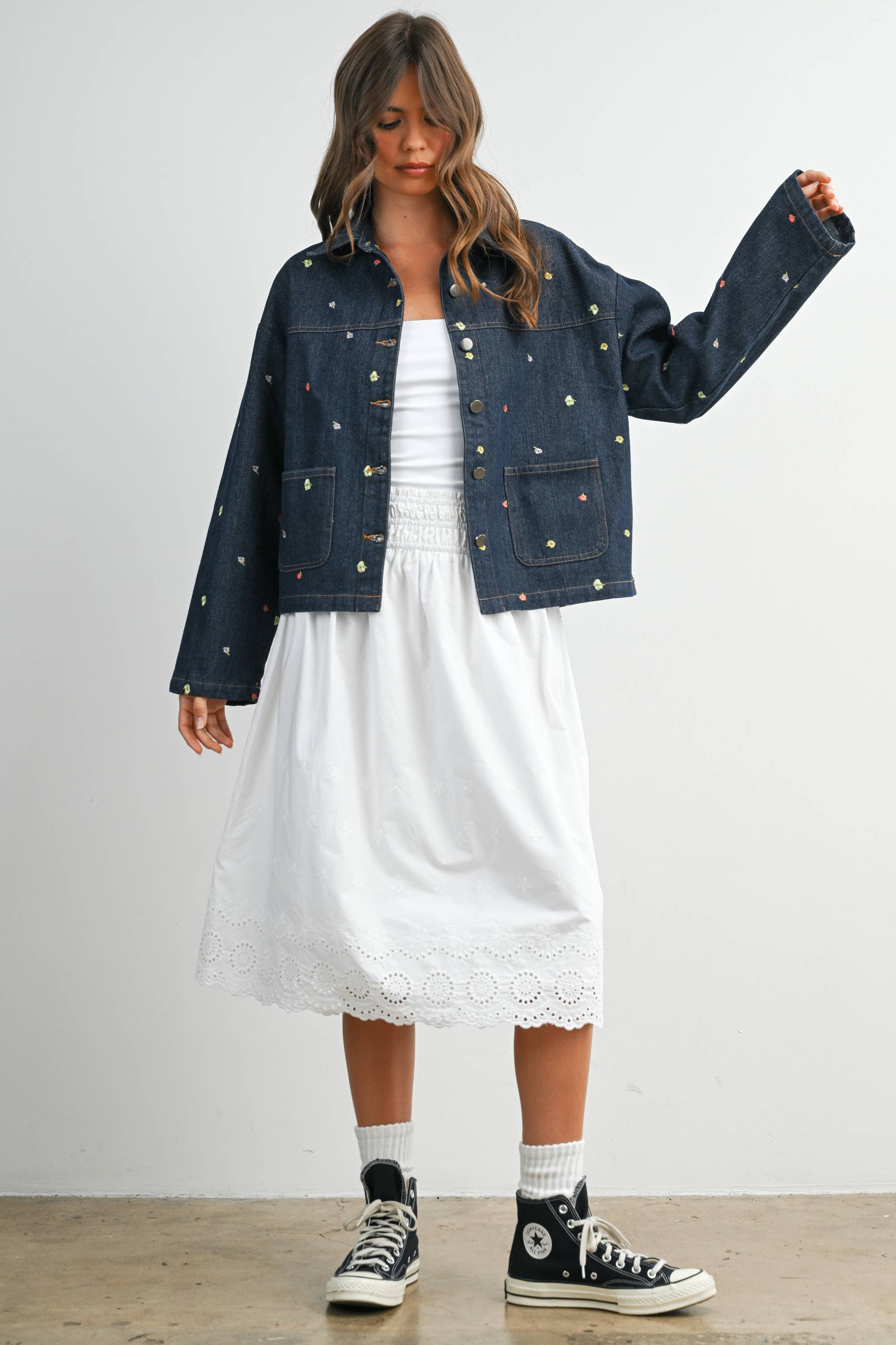 Elastic Waist Lace-Trim Midi Skirt - BMS7954: BLACK / M