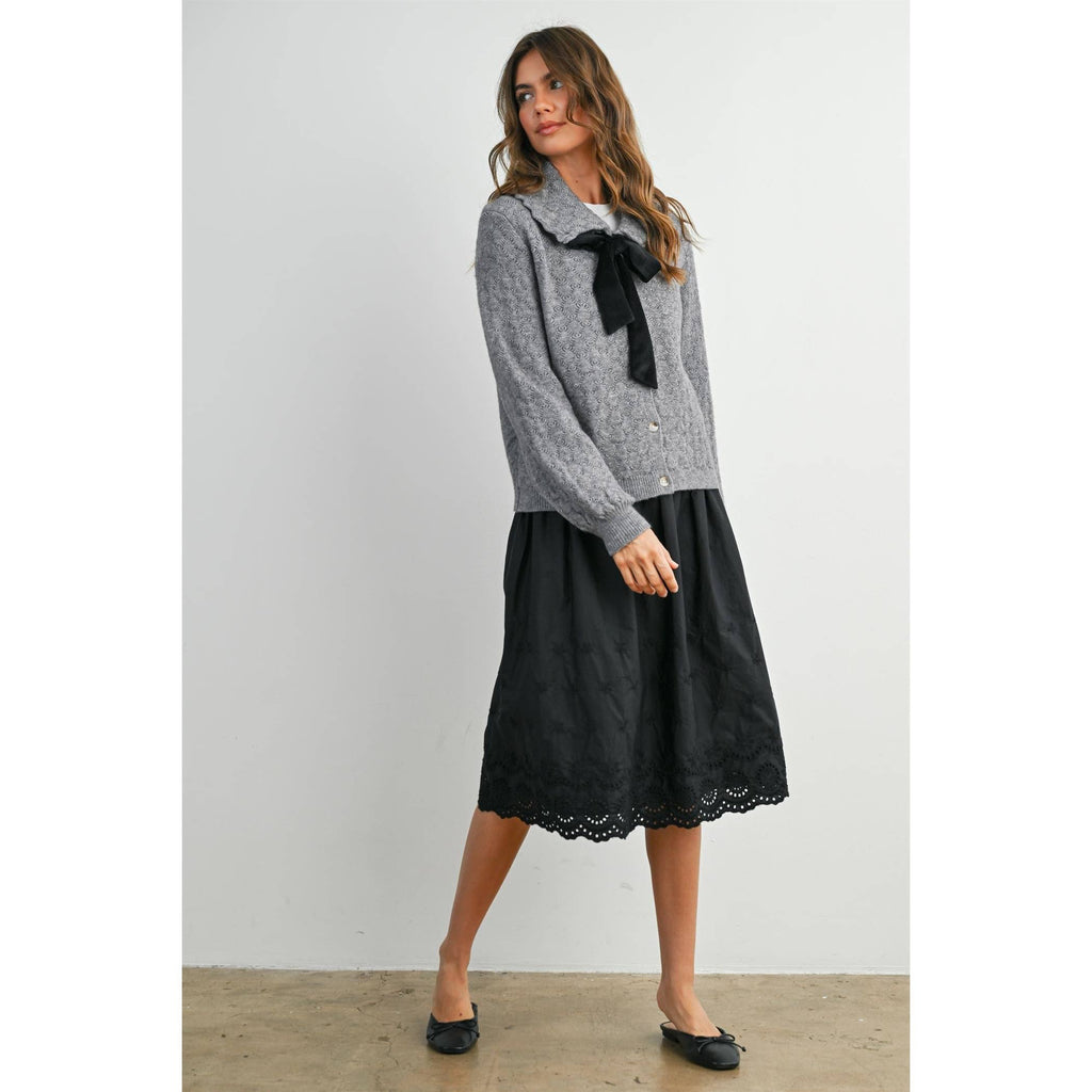 Elastic Waist Lace-Trim Midi Skirt - BMS7954: BLACK / M