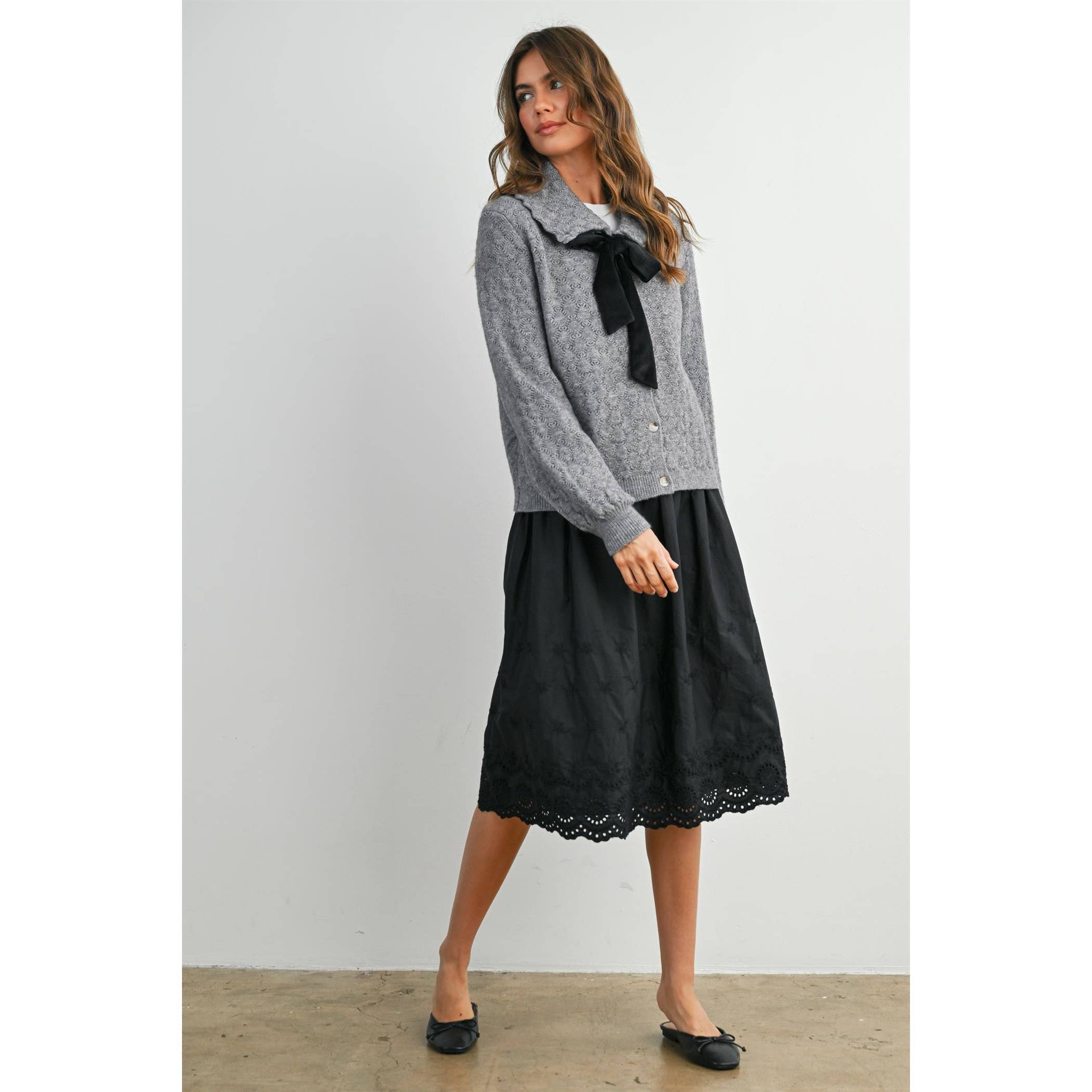 Elastic Waist Lace-Trim Midi Skirt - BMS7954: BLACK / M