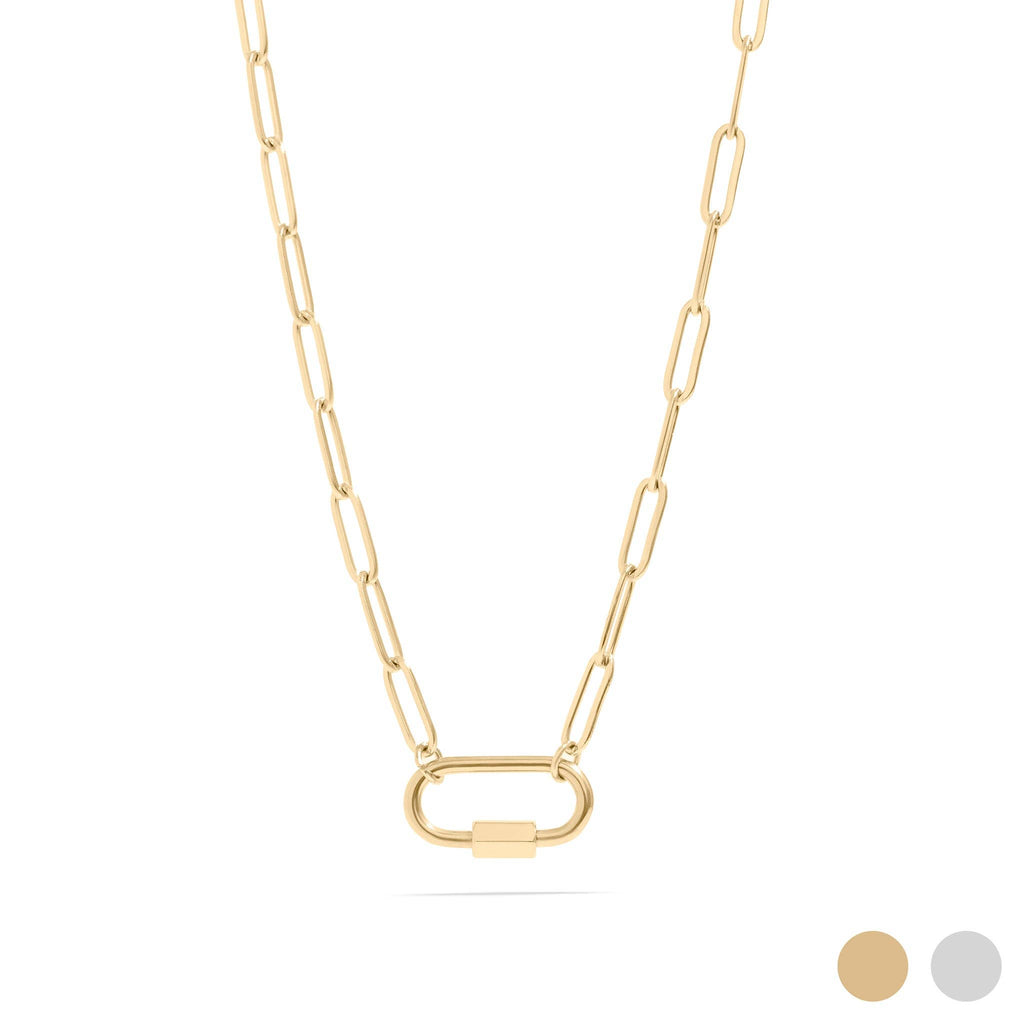 18K Gold PVD Paperclip Carabiner Necklace: Gold / 18+2"
