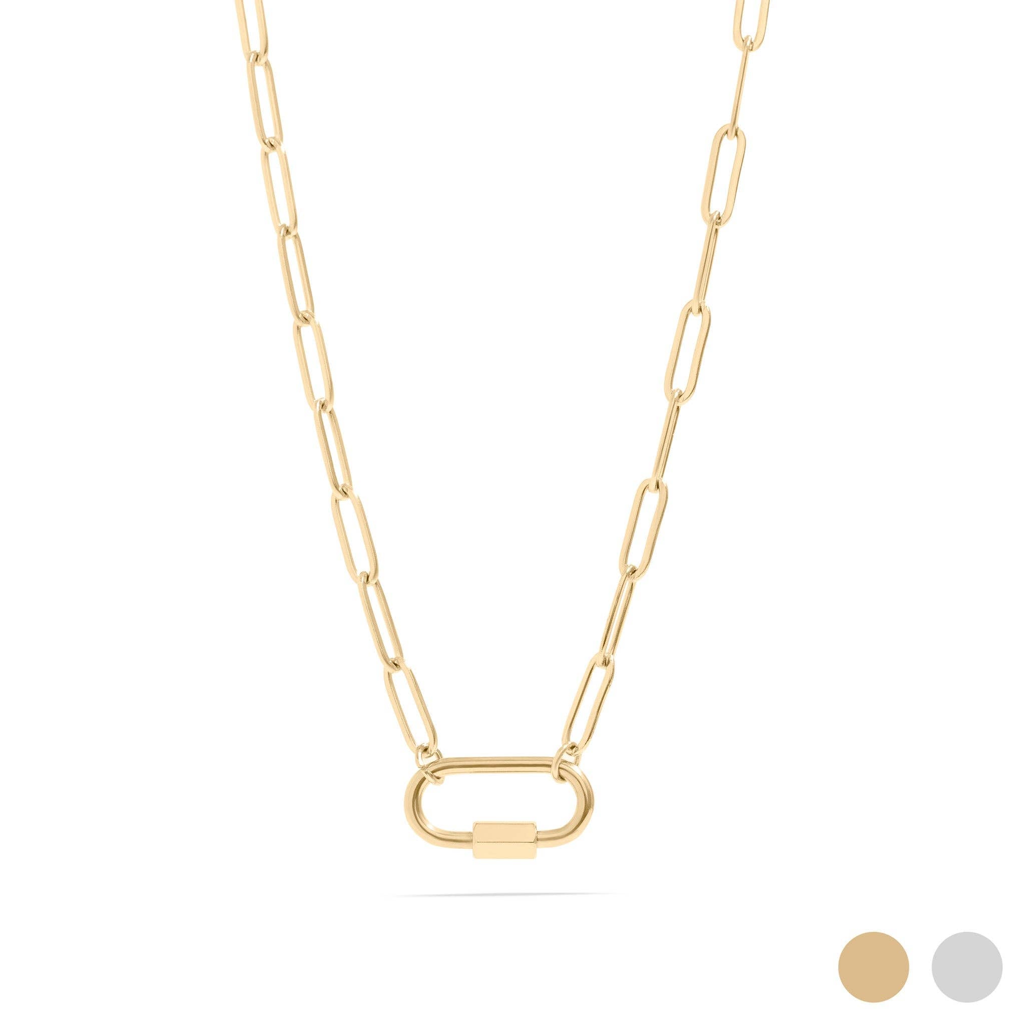 18K Gold PVD Paperclip Carabiner Necklace: Gold / 18+2"