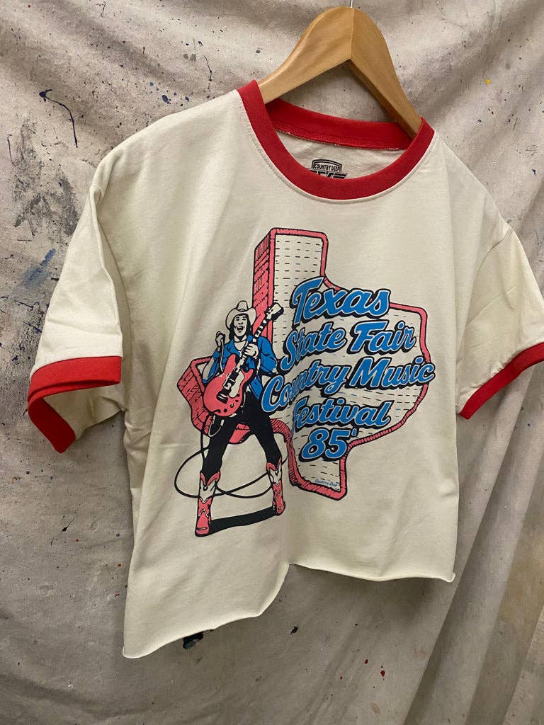 Texas State Fair country music Festival 1985 ringer Relaxed Crop Tee: Small White/Red