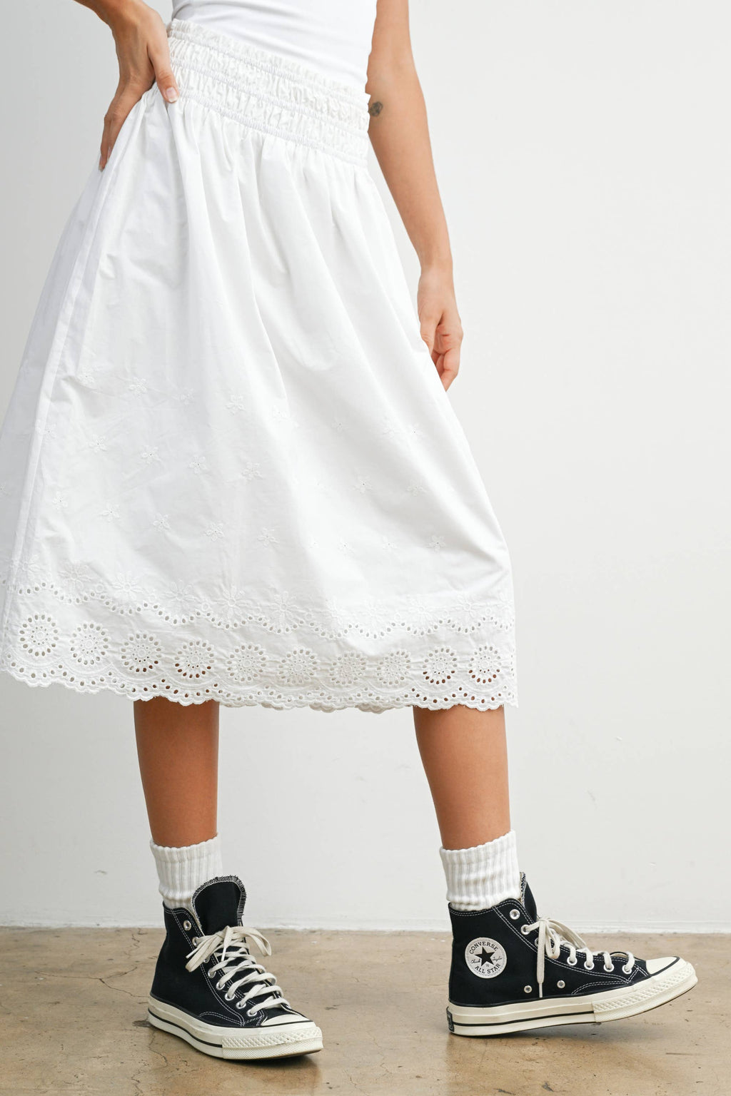 Elastic Waist Lace-Trim Midi Skirt - BMS7954: BLACK / M