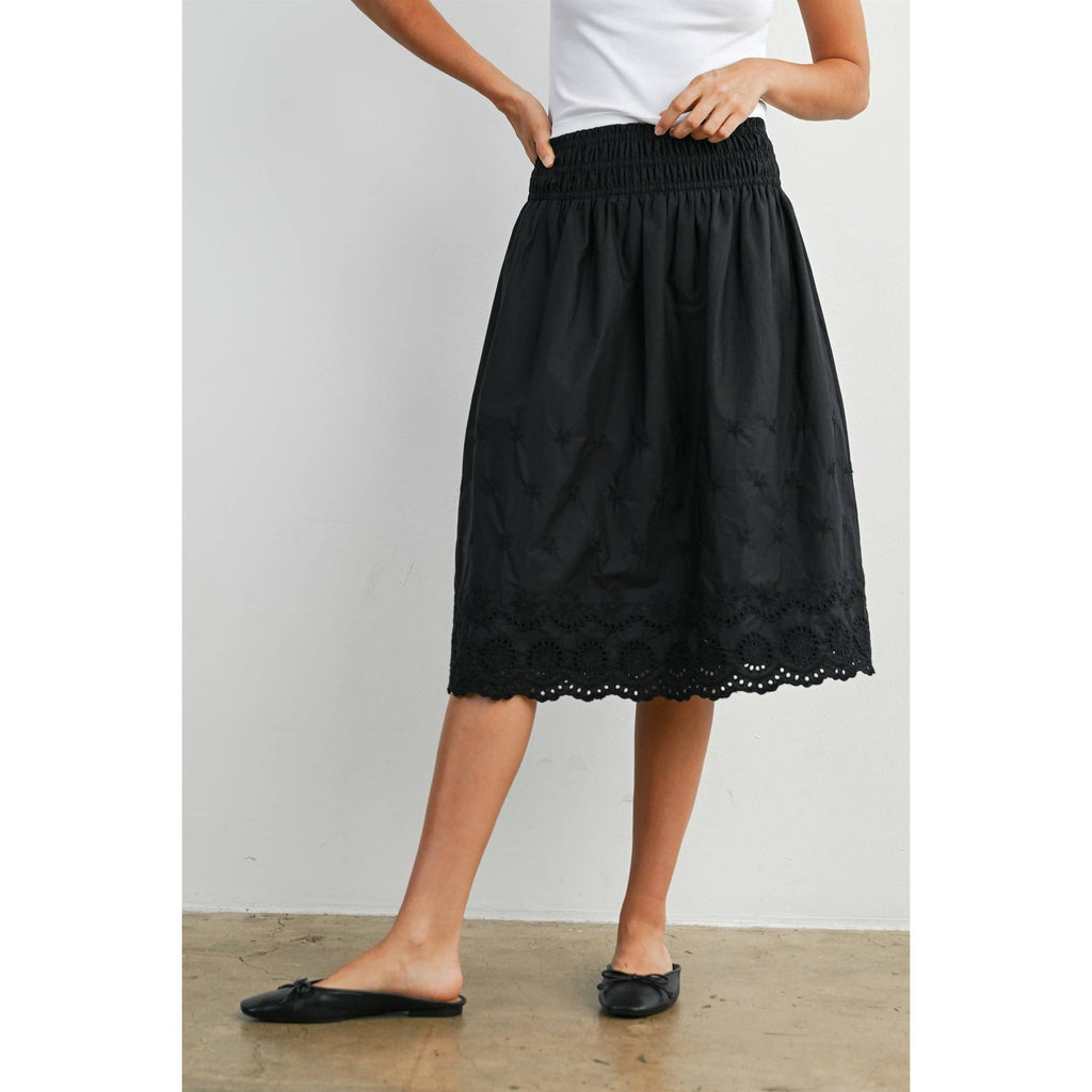 Elastic Waist Lace-Trim Midi Skirt - BMS7954: BLACK / M