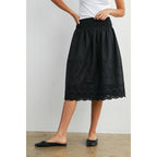 Elastic Waist Lace-Trim Midi Skirt - BMS7954: BLACK / M
