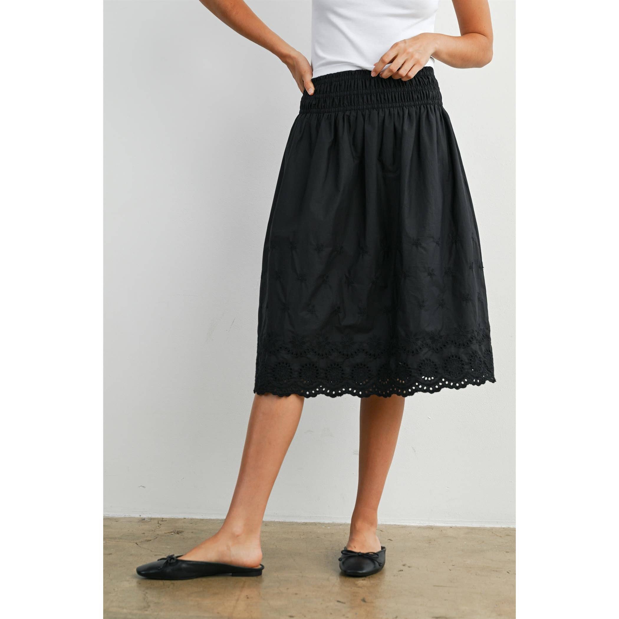 Elastic Waist Lace-Trim Midi Skirt - BMS7954: BLACK / M