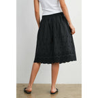 Elastic Waist Lace-Trim Midi Skirt - BMS7954: BLACK / M