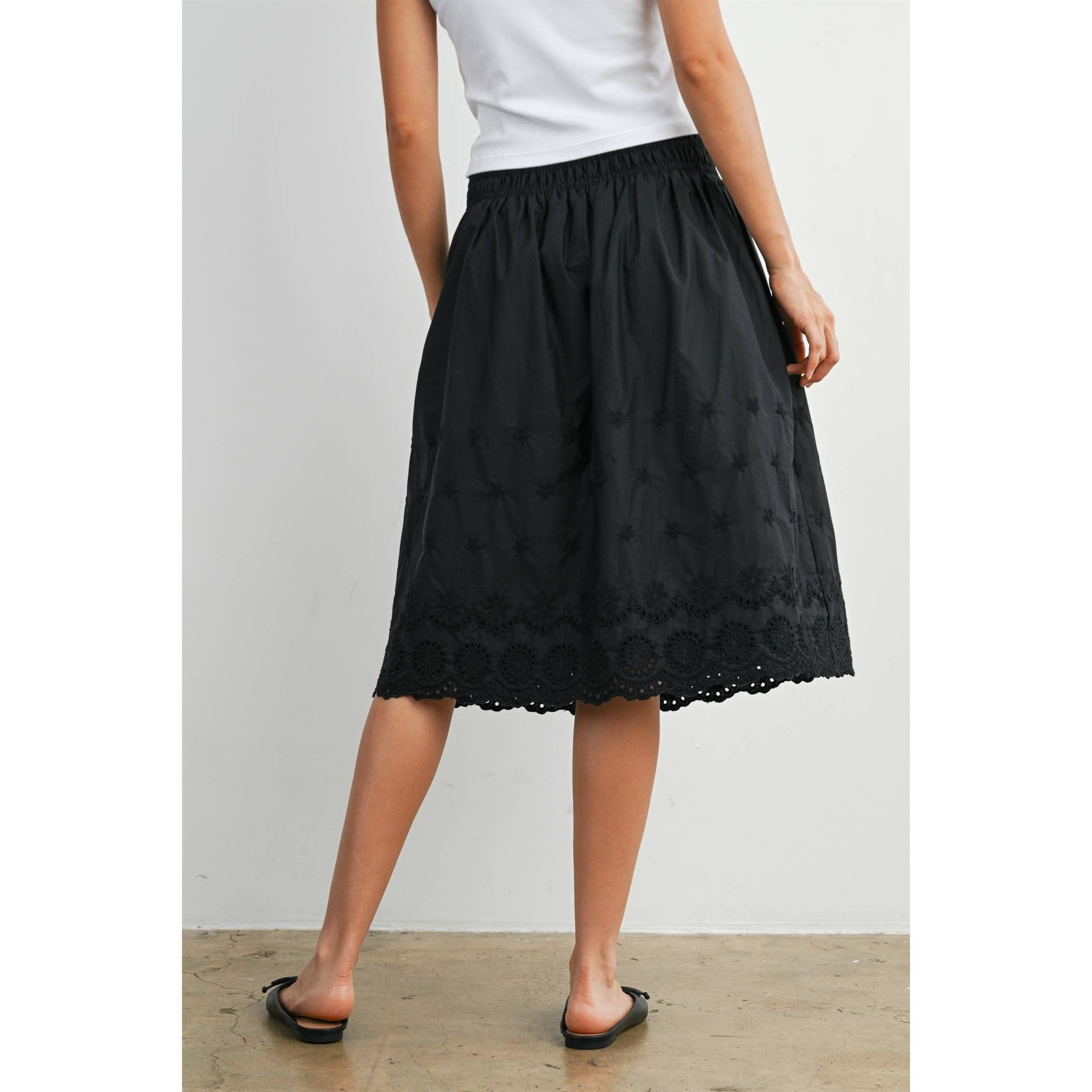 Elastic Waist Lace-Trim Midi Skirt - BMS7954: BLACK / M