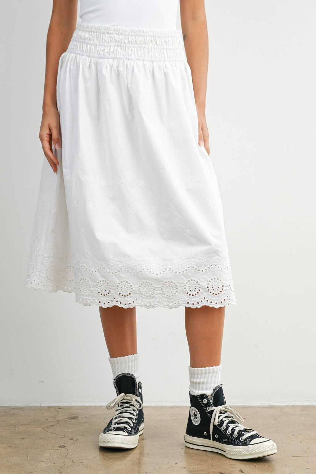 Elastic Waist Lace-Trim Midi Skirt - BMS7954: BLACK / M