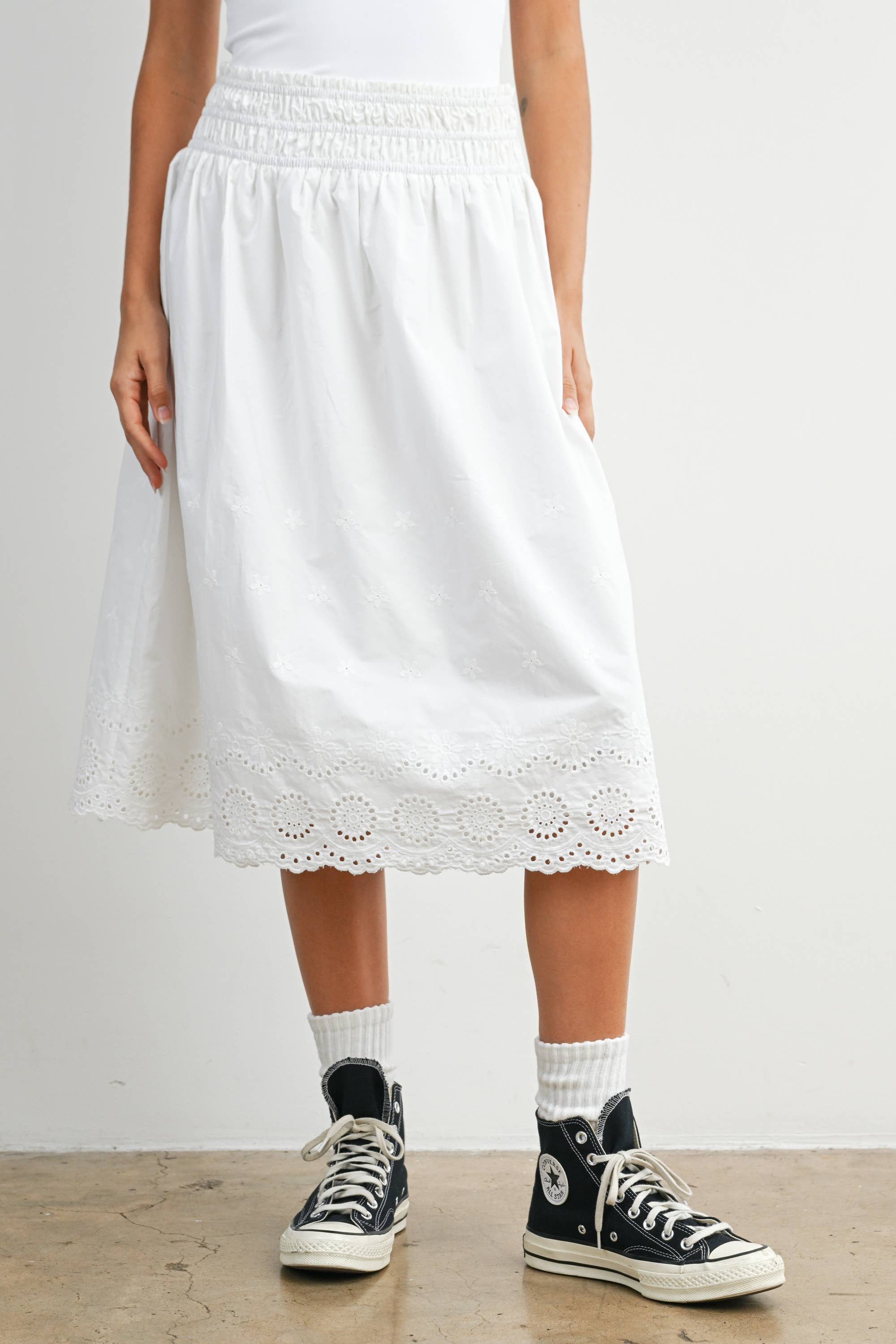 Elastic Waist Lace-Trim Midi Skirt - BMS7954: BLACK / M