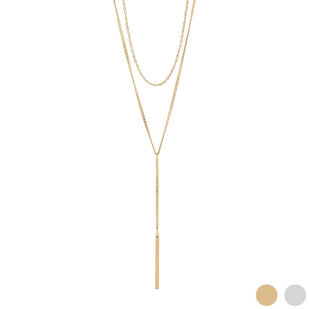 18K Gold PVD Stainless Steel Y-Shaped Bar Pendant Layered Lariat Necklace: Gold