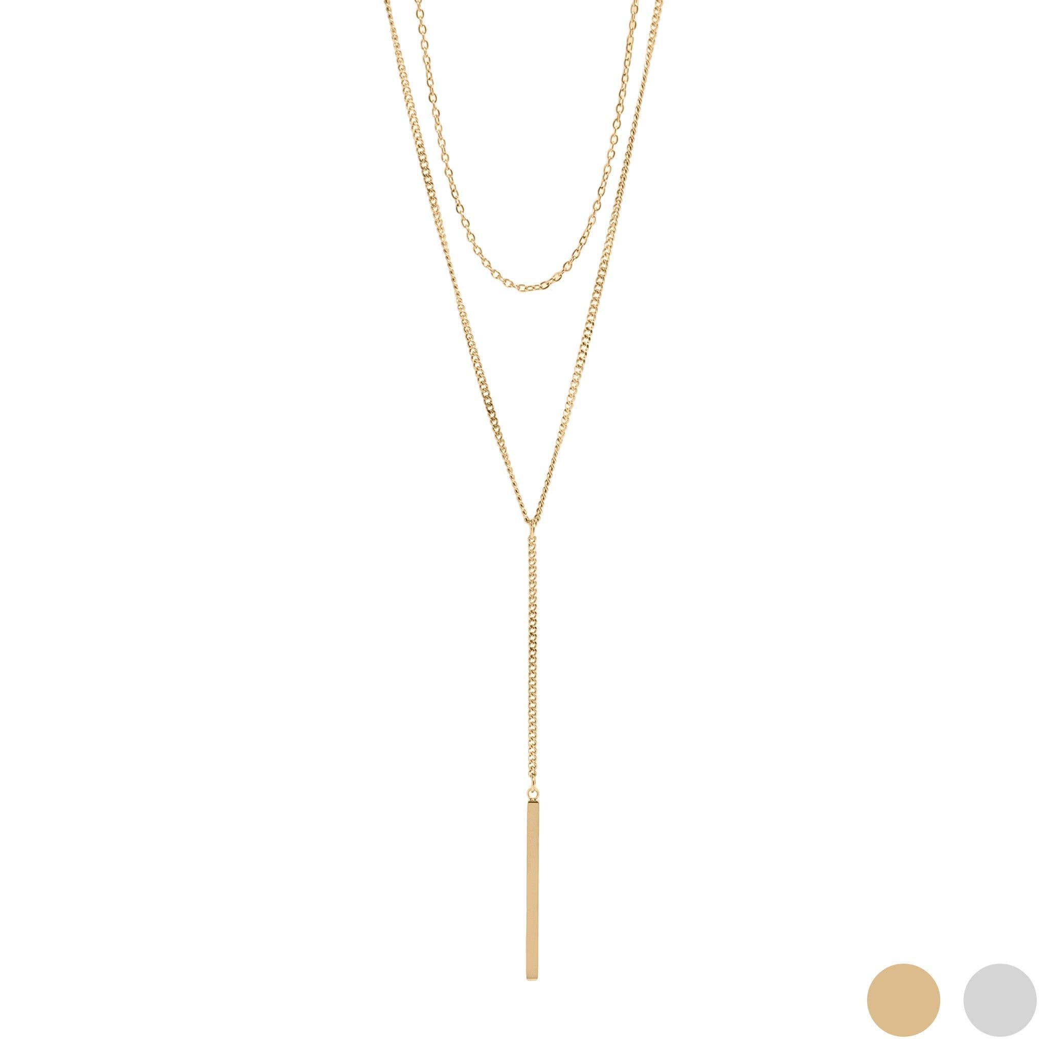 18K Gold PVD Stainless Steel Y-Shaped Bar Pendant Layered Lariat Necklace: Gold