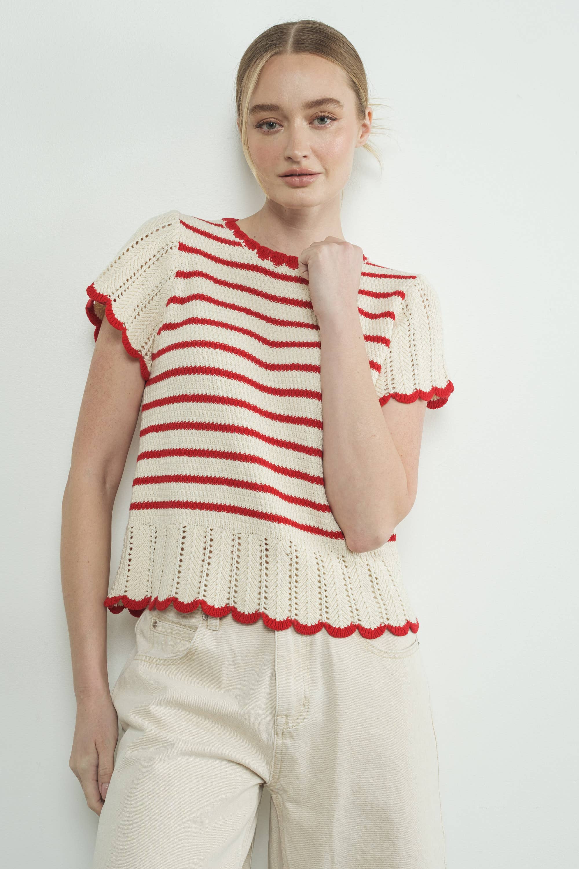 MAS3129 STRIPED CROCHET S/S SWEATER: NATURAL / RED / M