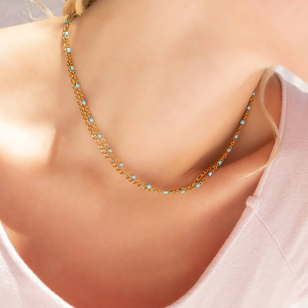 18K Gold Stainless Steel Turquoise Chain Necklace: Gold  16+2"