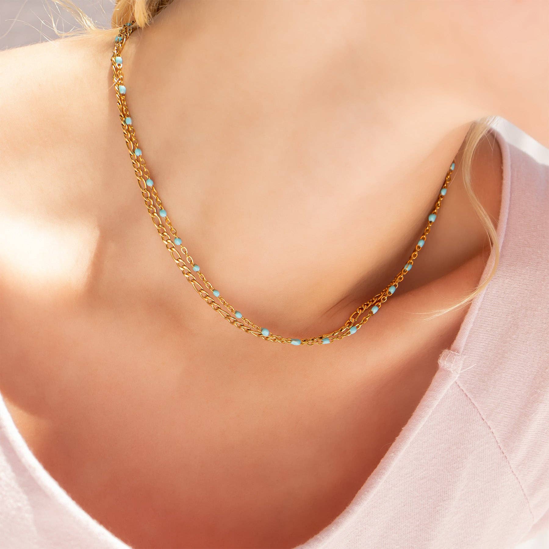18K Gold Stainless Steel Turquoise Chain Necklace: Gold  16+2"
