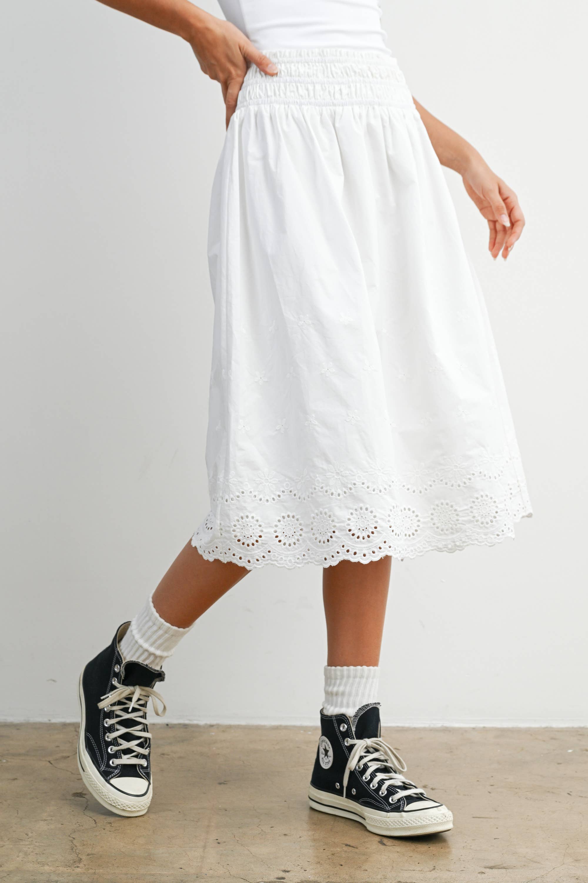 Elastic Waist Lace-Trim Midi Skirt - BMS7954: BLACK / M