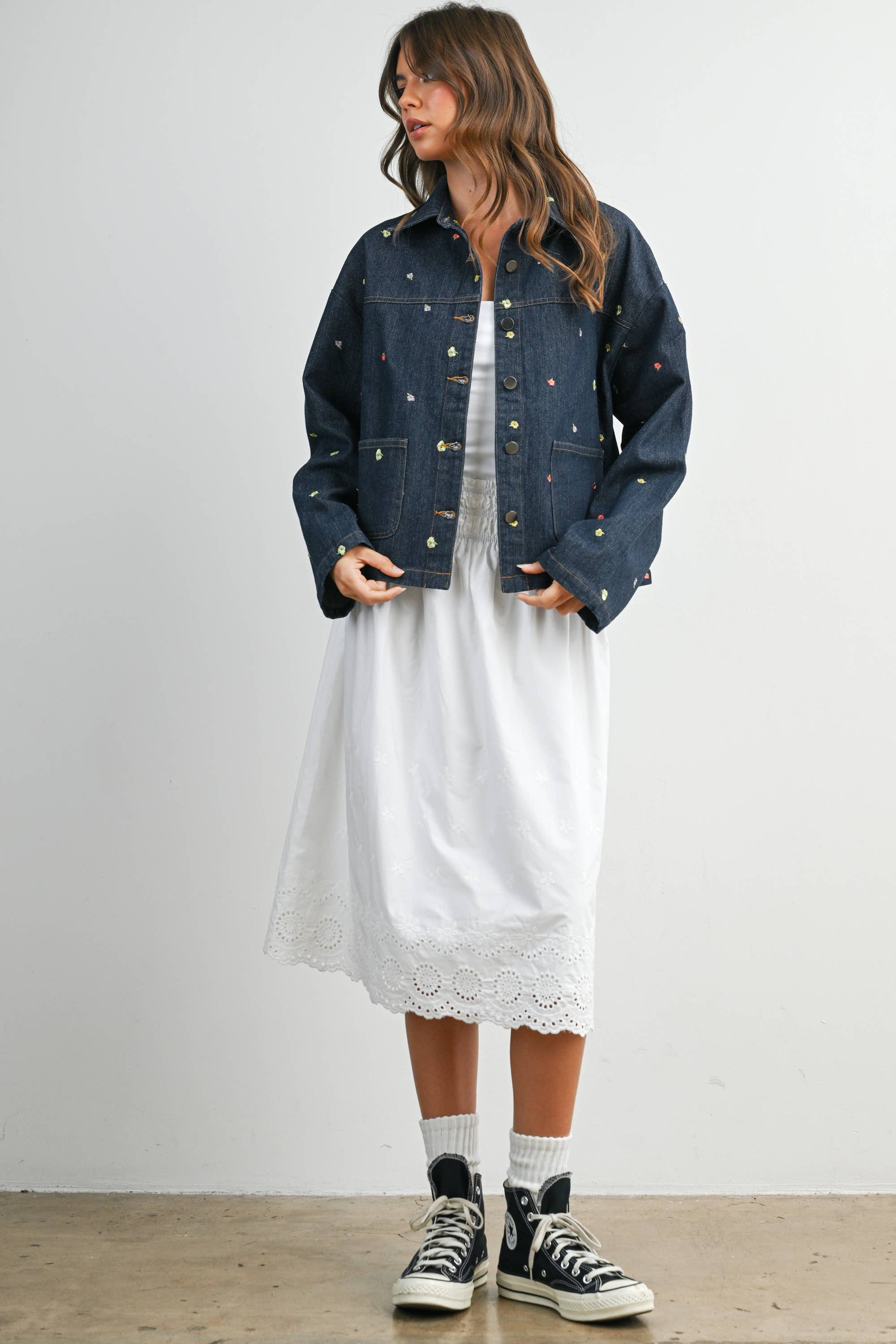 Elastic Waist Lace-Trim Midi Skirt - BMS7954: BLACK / M