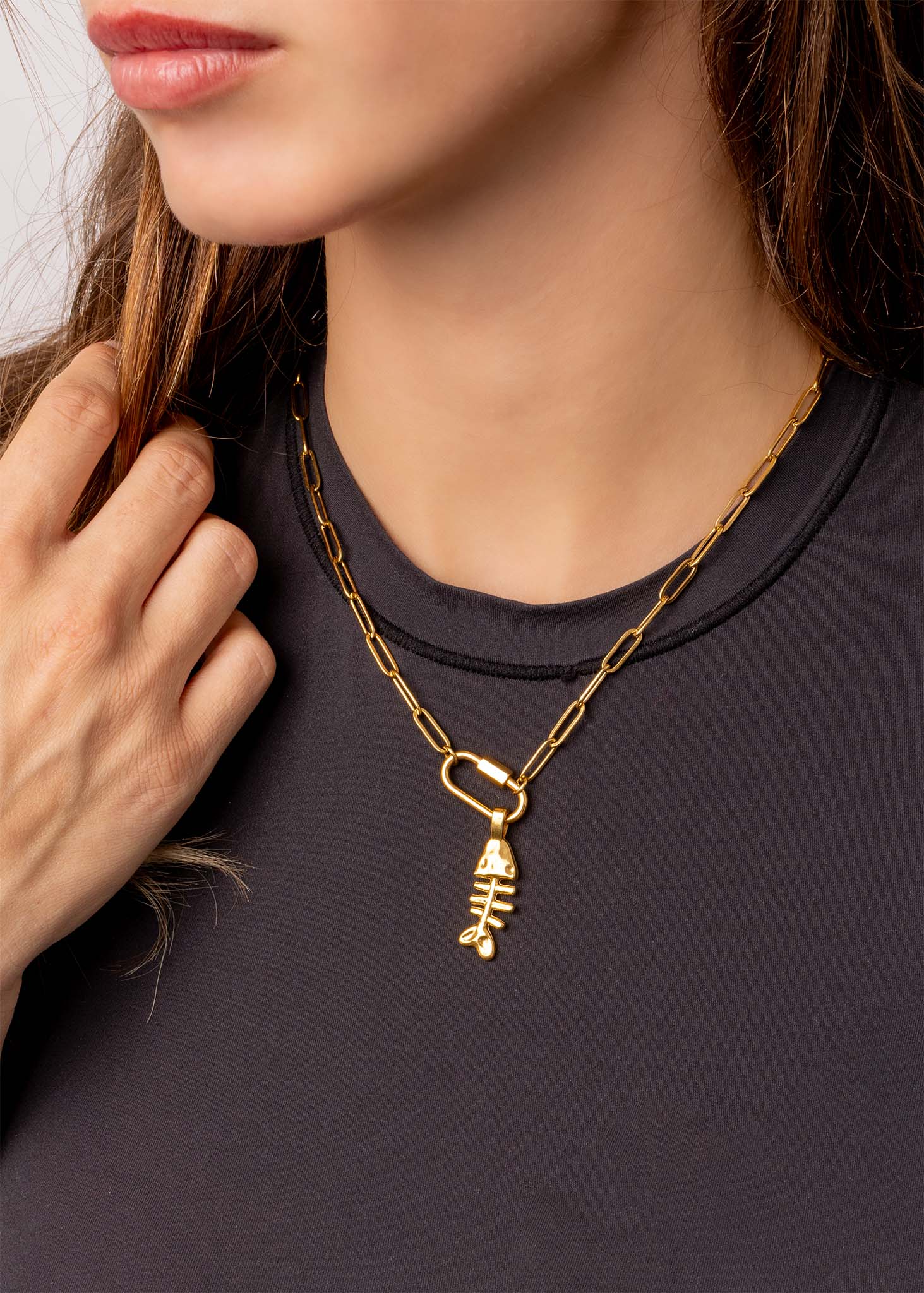 18K Gold PVD Paperclip Carabiner Necklace: Gold / 18+2
