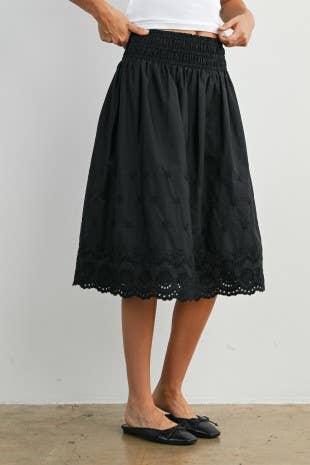 Elastic Waist Lace-Trim Midi Skirt - BMS7954: BLACK / M