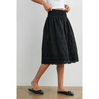 Elastic Waist Lace-Trim Midi Skirt - BMS7954: BLACK / M