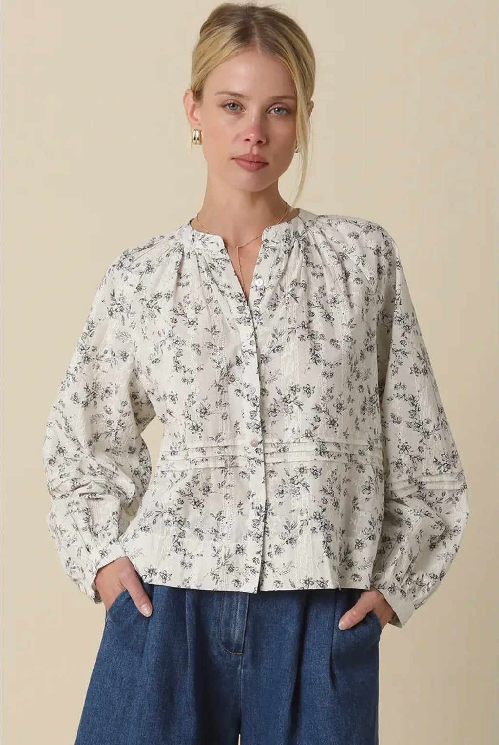 Sara Floral Pintuck Blouse