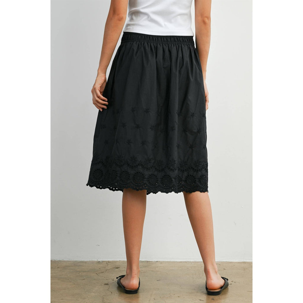 Elastic Waist Lace-Trim Midi Skirt - BMS7954: BLACK / M