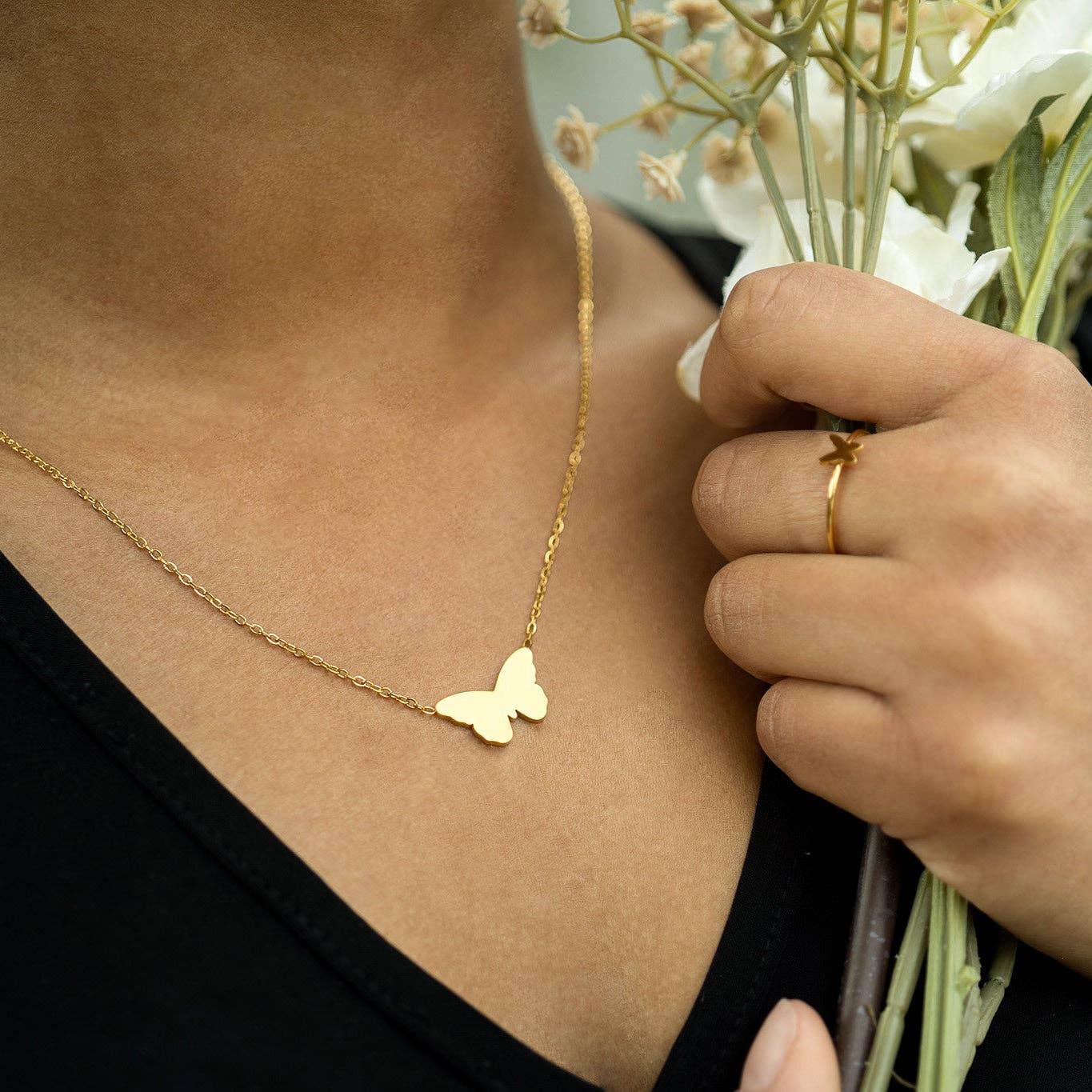 18K Gold PVD Stainless Steel Engravable Butterfly Necklace : Gold