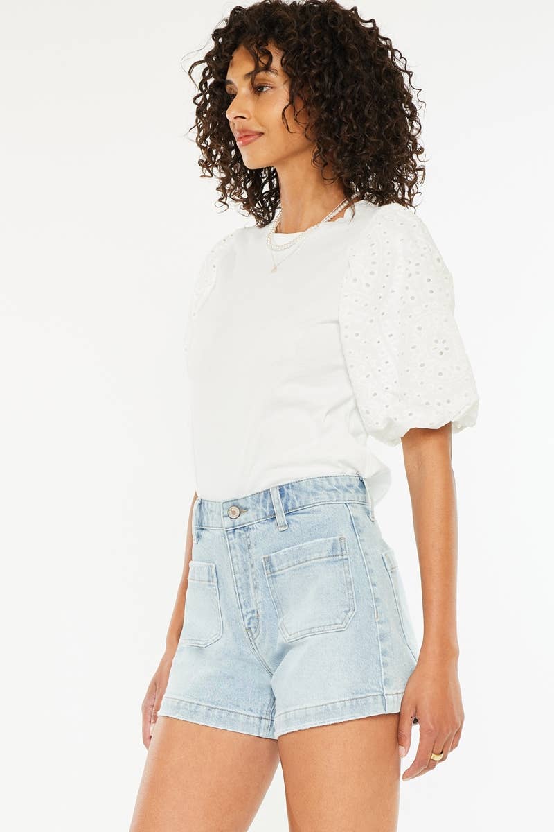 OPEN PACK  HIGH RISE A-LINE TROUSER DENIM SHORTS-KC78035L: LIGHT / 7/27