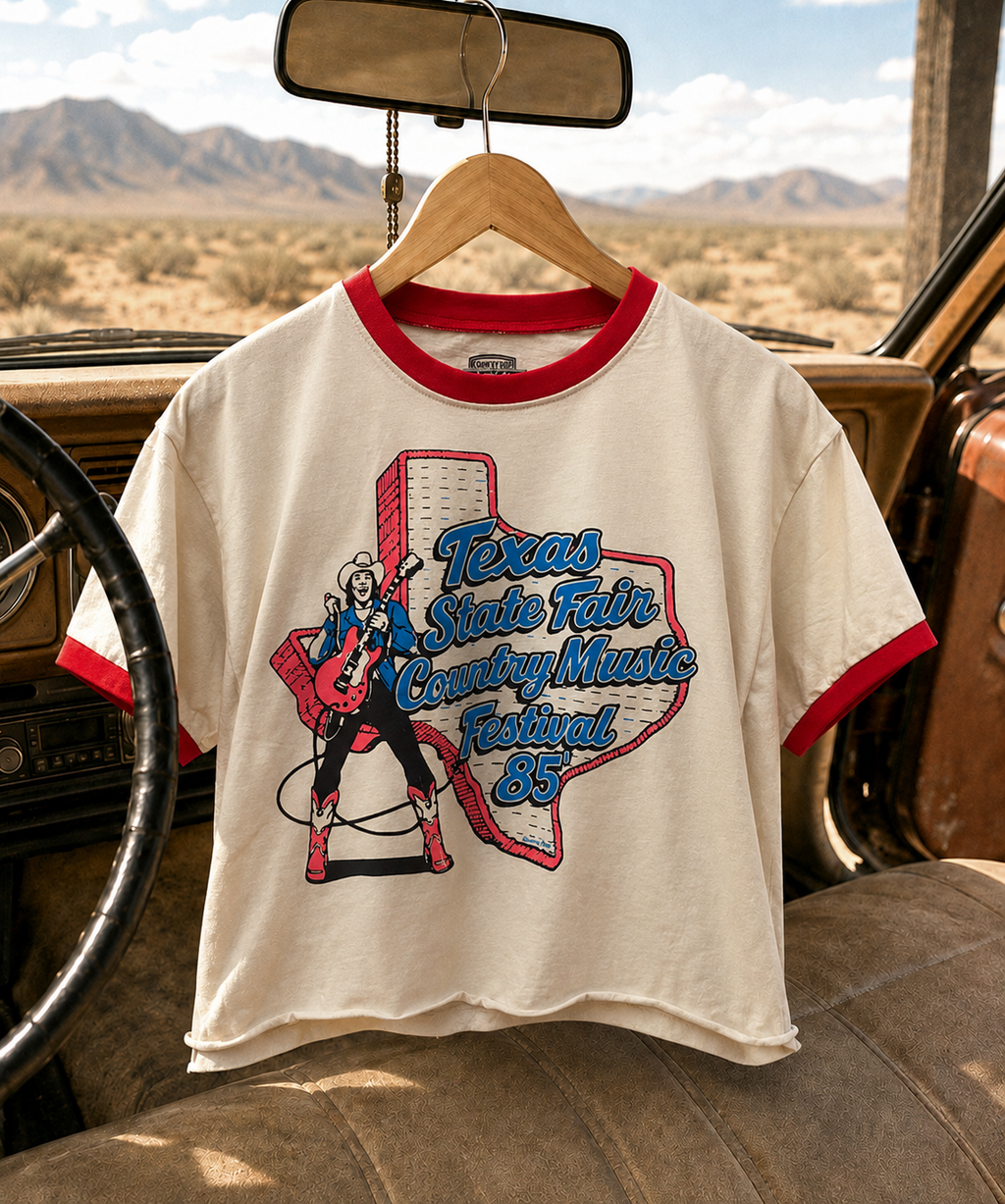 Texas State Fair country music Festival 1985 ringer Relaxed Crop Tee: Small White/Red