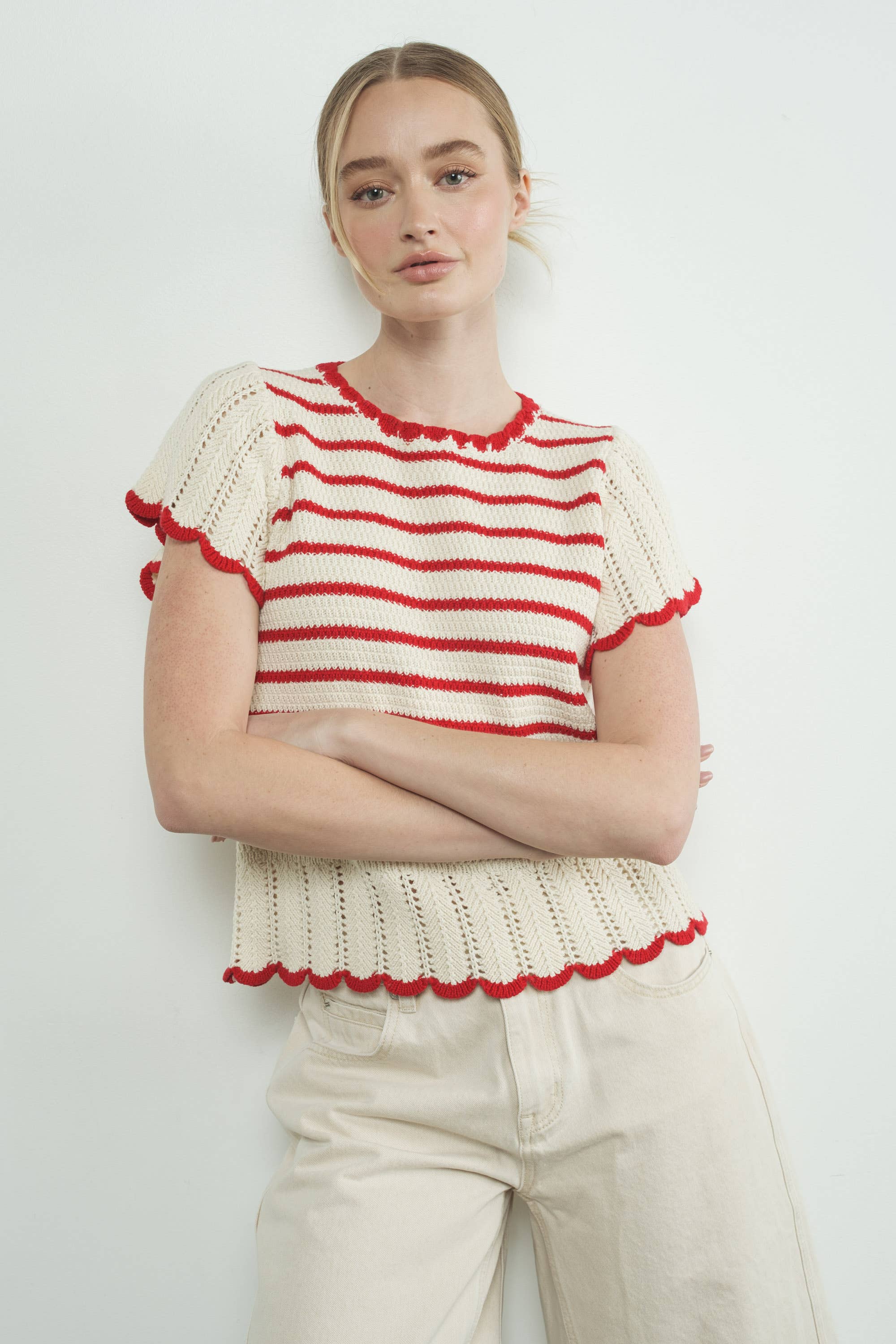 MAS3129 STRIPED CROCHET S/S SWEATER: NATURAL / RED / M