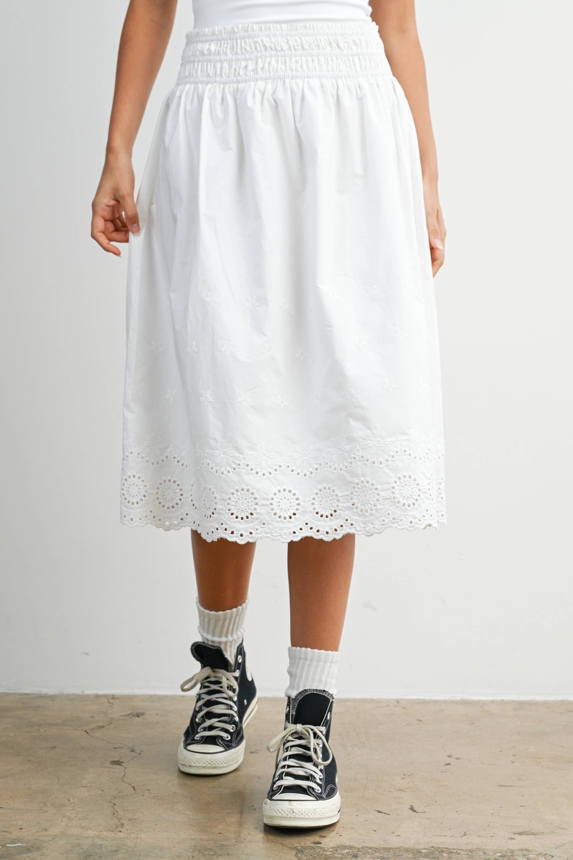 Elastic Waist Lace-Trim Midi Skirt - BMS7954: BLACK / M