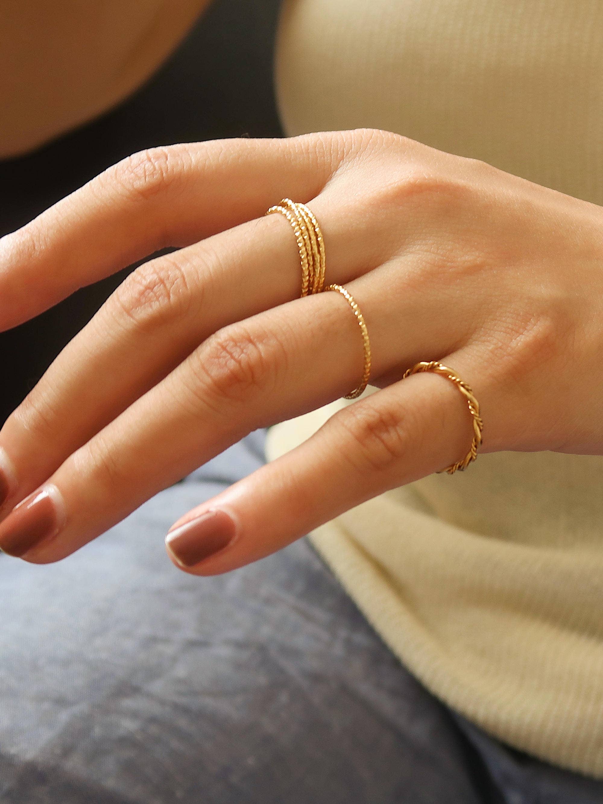 18K Non-Tarnish Minimalist Thin Braided Ring: Yellow Gold / Riley-Textured-6