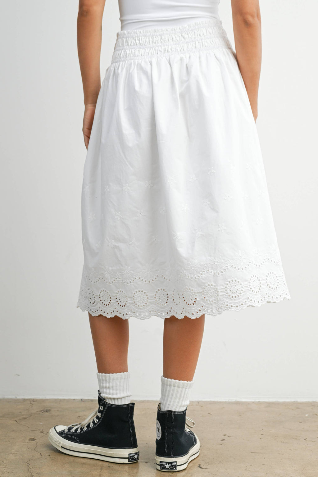 Elastic Waist Lace-Trim Midi Skirt - BMS7954: BLACK / M