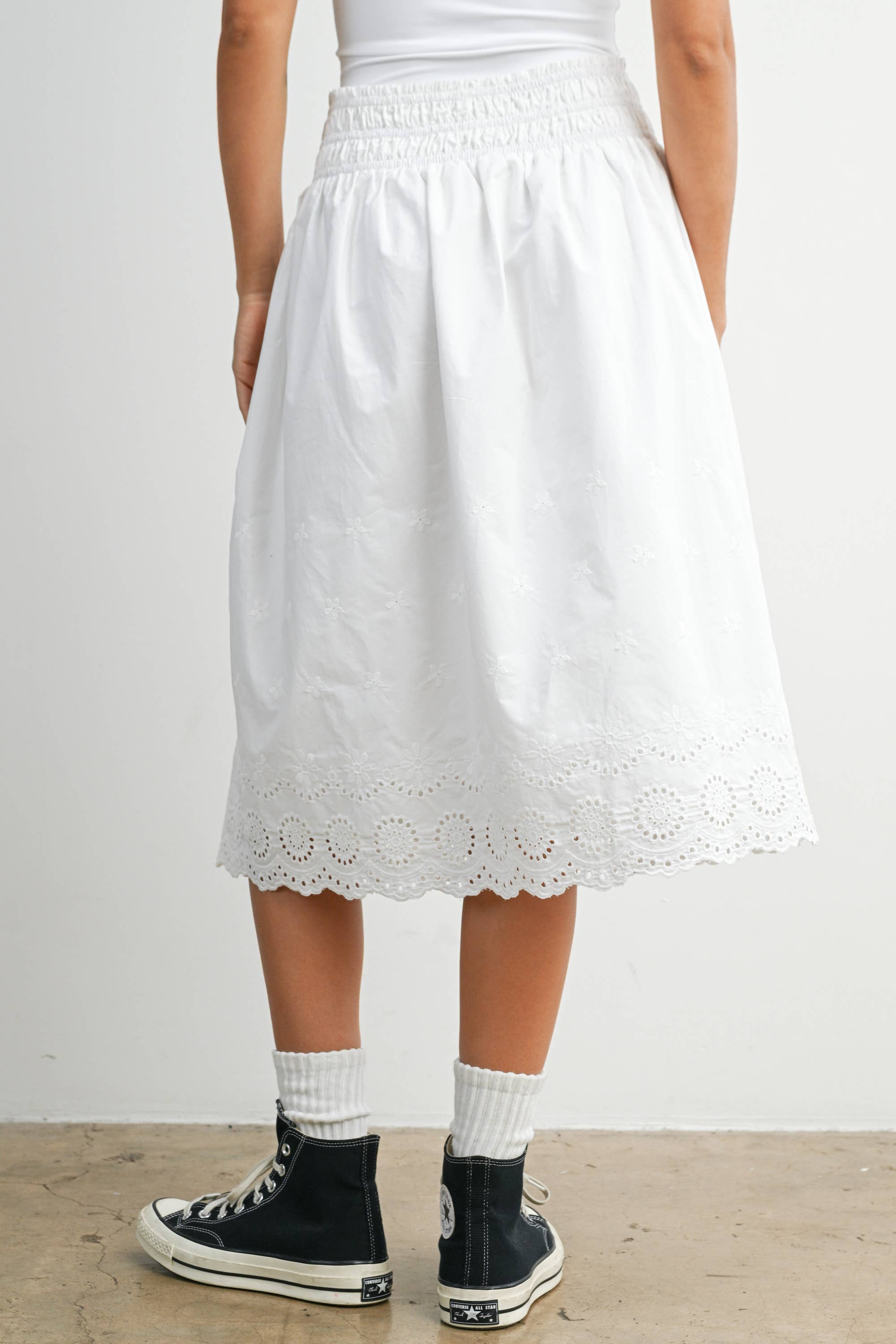 Elastic Waist Lace-Trim Midi Skirt - BMS7954: BLACK / M