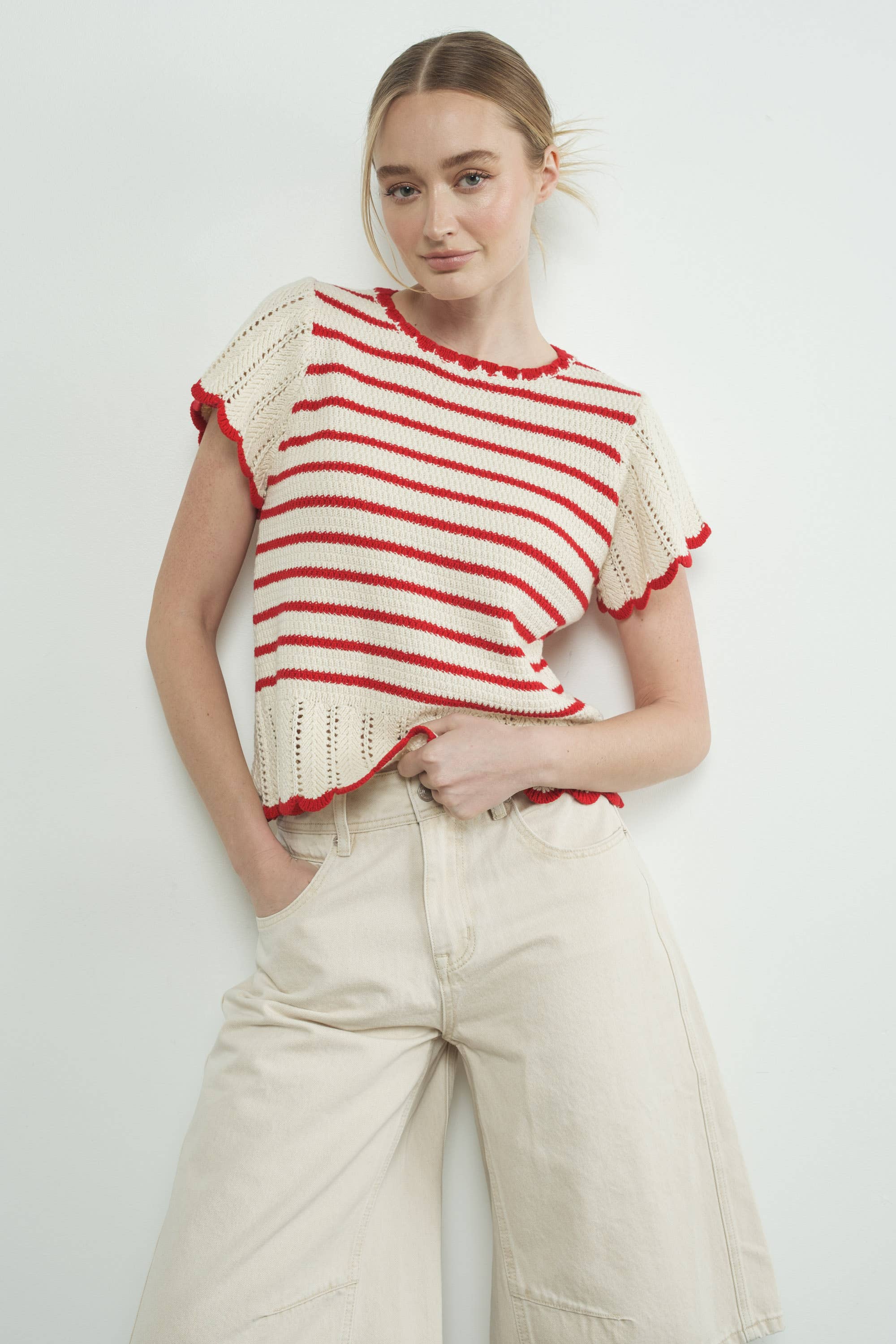 MAS3129 STRIPED CROCHET S/S SWEATER: NATURAL / RED / M