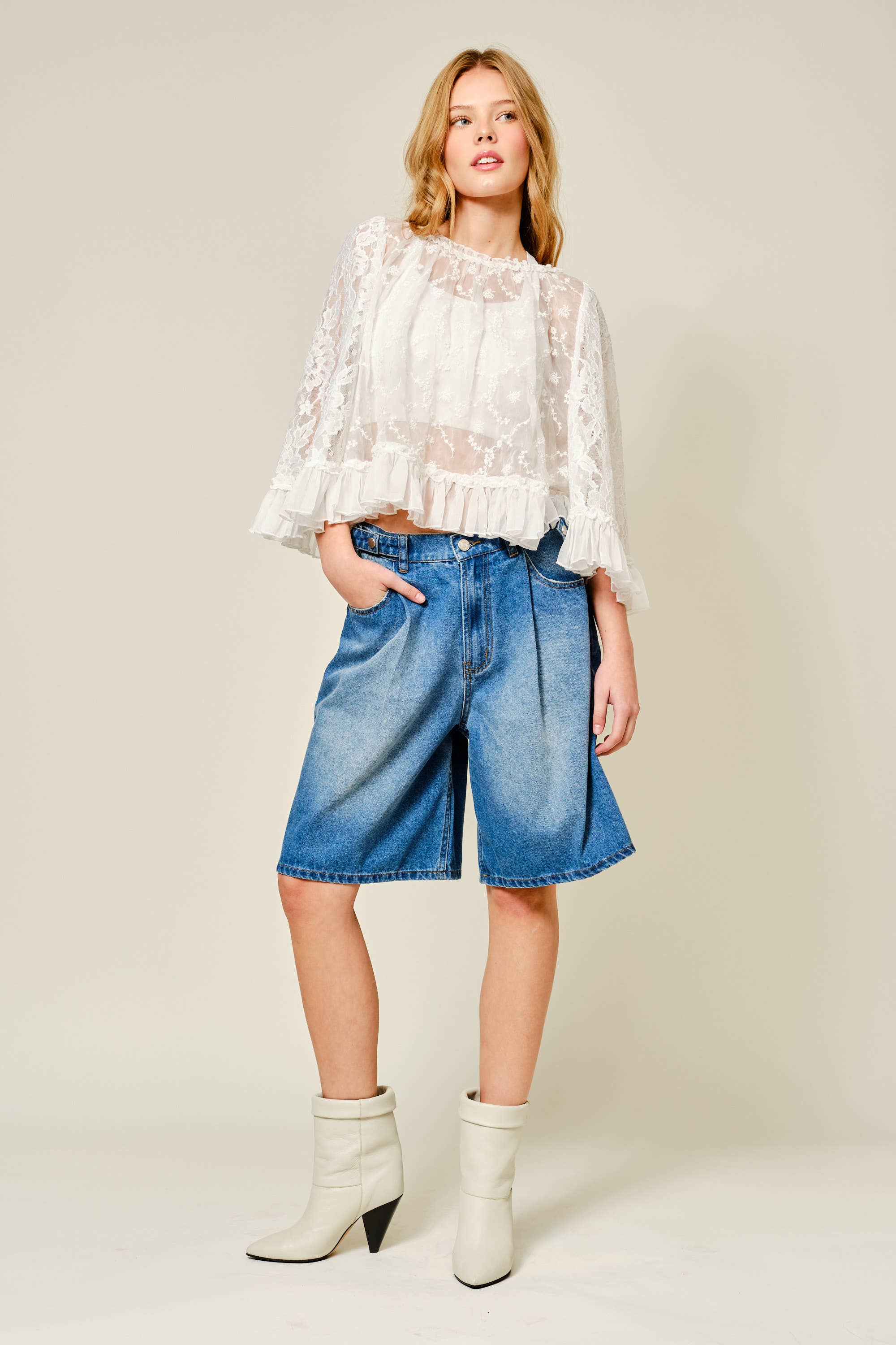 AJT5372 BOHO CHIC CAPE LACE BLOUSE: OFF WHITE / S