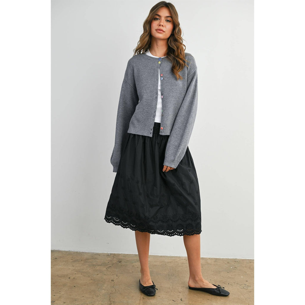 Elastic Waist Lace-Trim Midi Skirt - BMS7954: BLACK / M