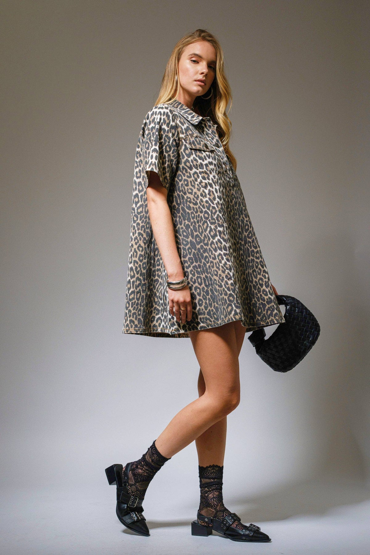 Leopard Print  Denim Dress