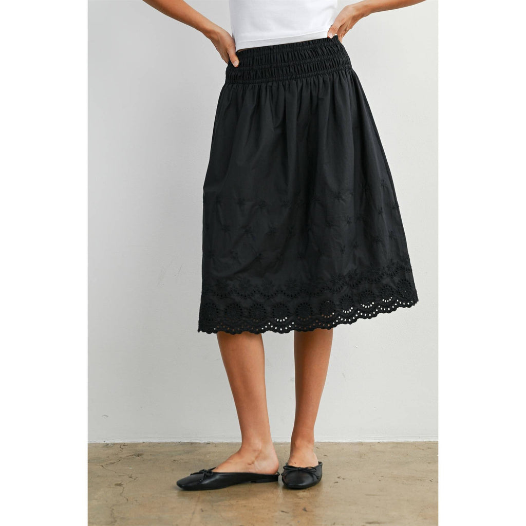 Elastic Waist Lace-Trim Midi Skirt - BMS7954: BLACK / M