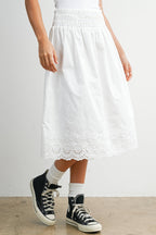 Elastic Waist Lace-Trim Midi Skirt - BMS7954: BLACK / M