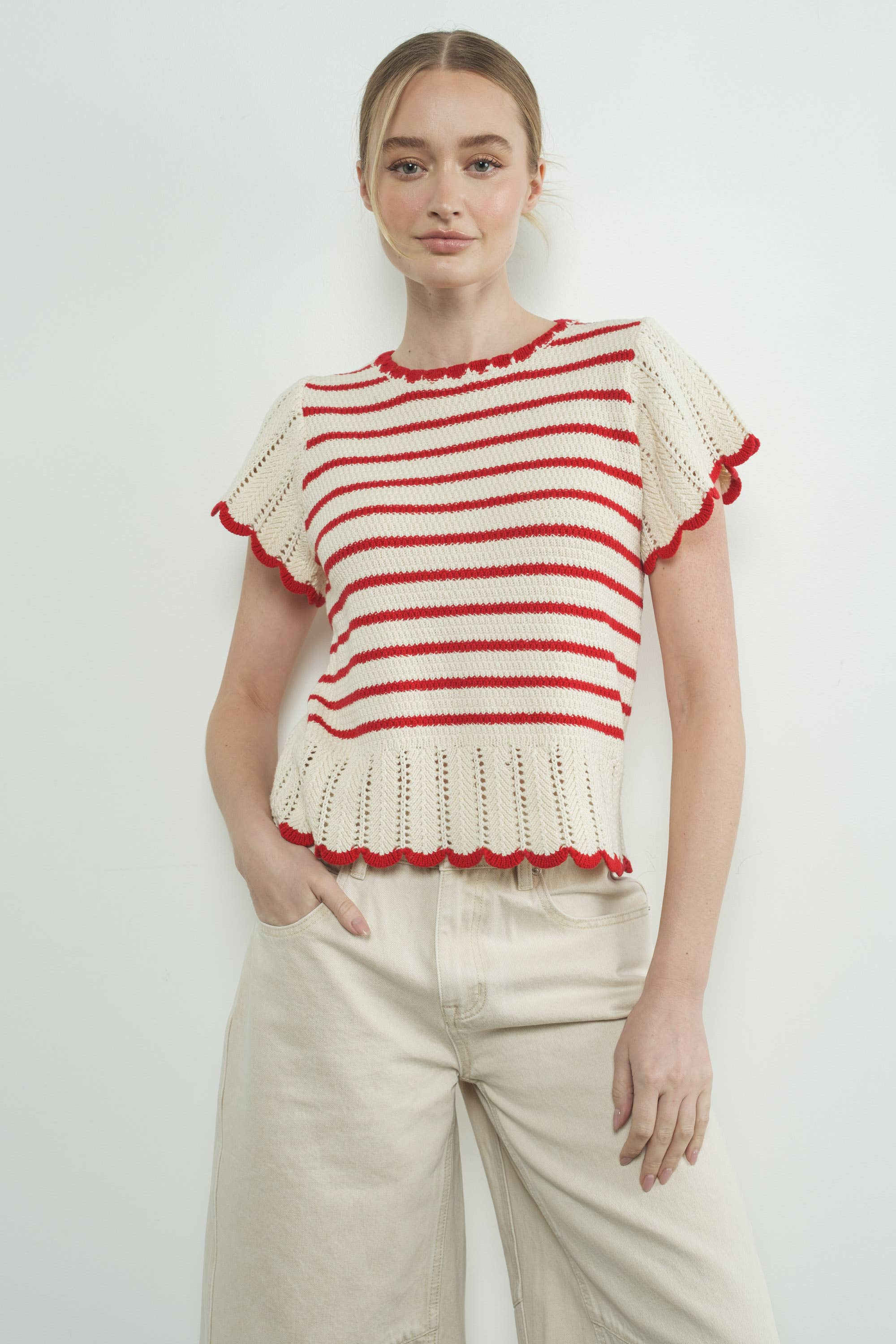 MAS3129 STRIPED CROCHET S/S SWEATER: NATURAL / RED / M
