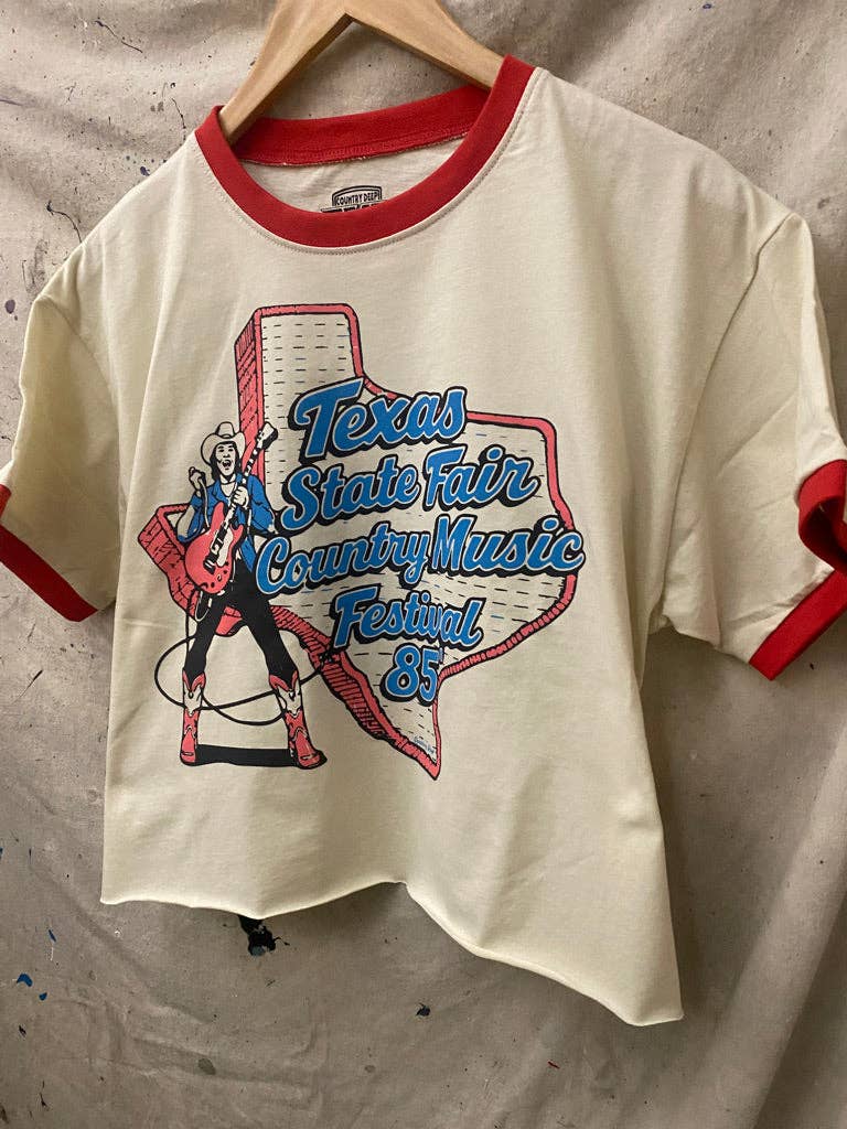 Texas State Fair country music Festival 1985 ringer Relaxed Crop Tee: Small White/Red
