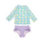 Kids Girls Rashguard Swim Top & Bikini Bottoms Set - Daisy